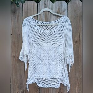 Entro Boho Sheer White Crochet Lace Short Sleeve Top Shirt